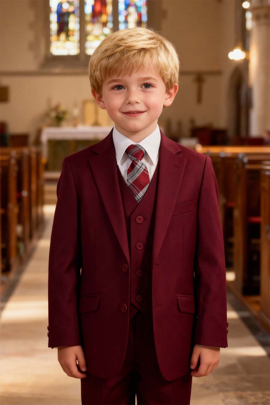 a boy wearing a burgundy classic suit with a white tie and matching striped tie in a church setting