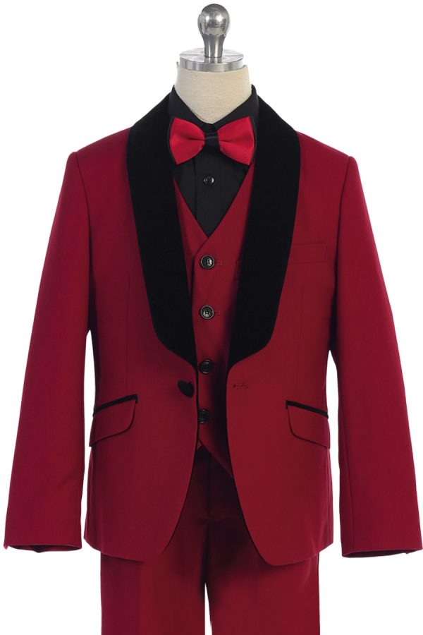 cranberry suit for boys with black lapel