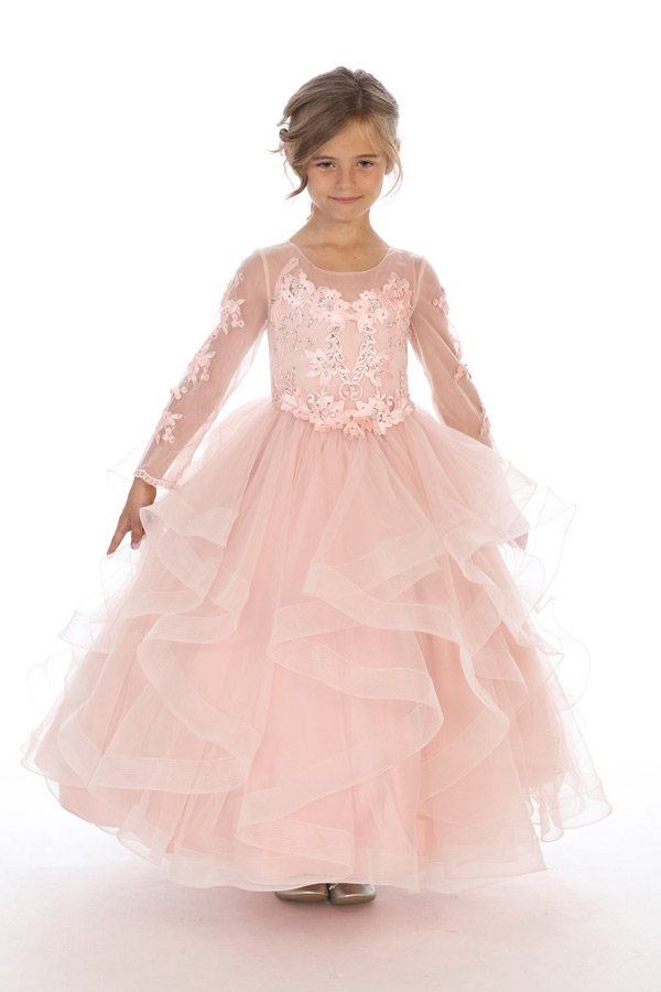 Bijan kids 80623 blush long sleeve ruffled dress wholesale kids special occasion clothing