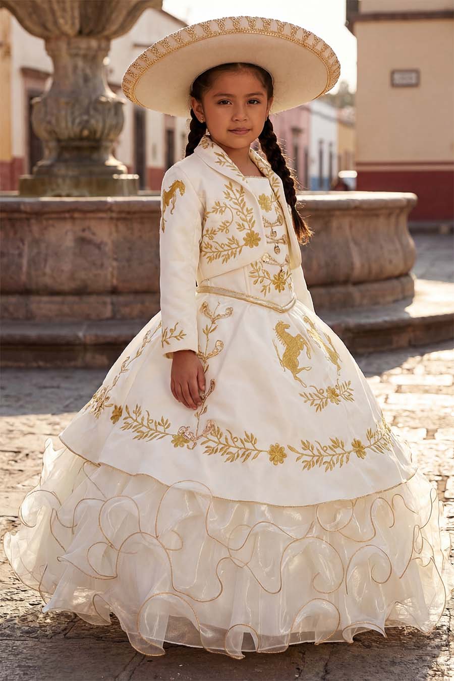 a girl wearing a traditional Mexican Charro dress , in Ivory color with gold embroidery in front of a fountain