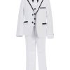 White suit with black trims on label , pockets, and black buttons.
