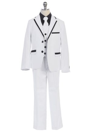 White suit with black trims on label , pockets, and black buttons.