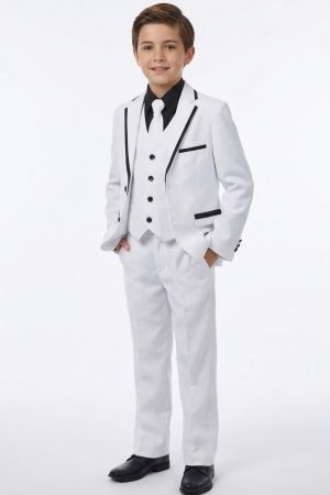 boys white suit with black trims, 5 piece set