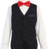 black brocade vest for boys over a white shirt and red bowtie