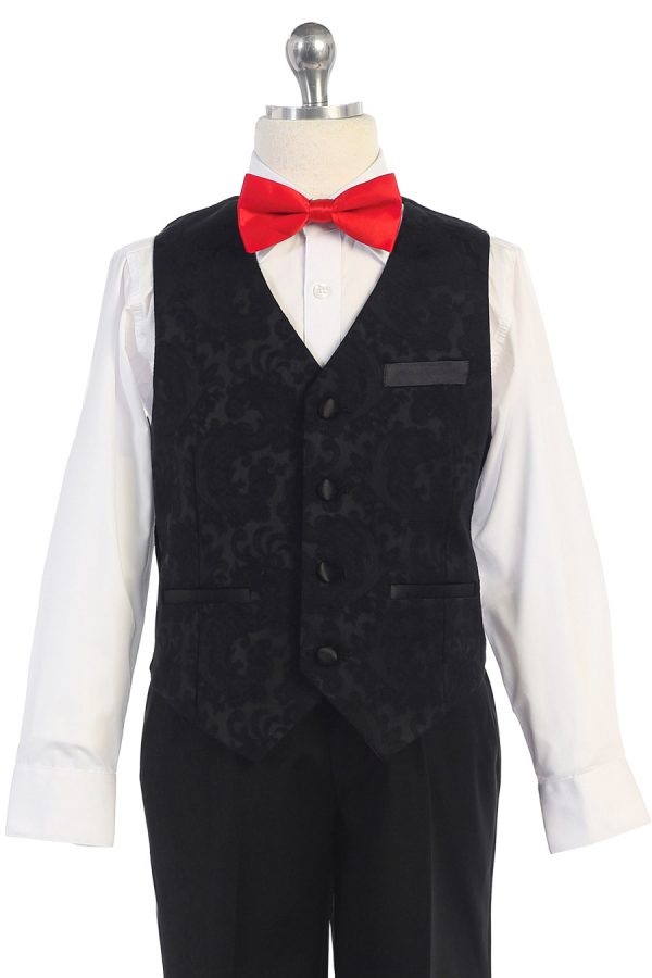 black brocade vest for boys over a white shirt and red bowtie