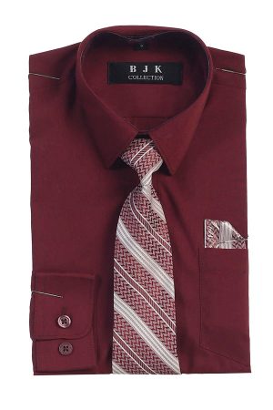 Burgundy long sleeve dress shirt for boys' Comes with a matching tie and handkerchief. Made with a high quality cotton blend fabric.