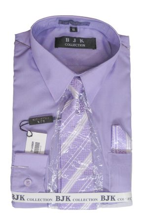 Boy's lavender long sleeve dress shirt made from a high quality cotton blend fabric. Comes with a matching tie and handkerchief.