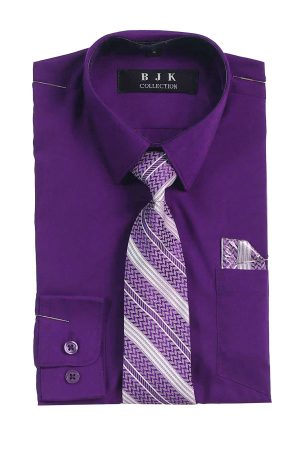 boy's purple long sleeve dress shirt made with a high quality cotton blend fabric. With a matching tie and handkerchief