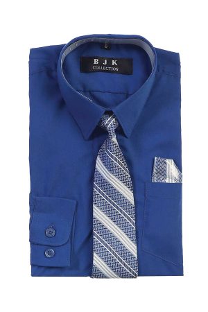 A royal blue dress shirt in royal blue with a matching tie and handkerchief.