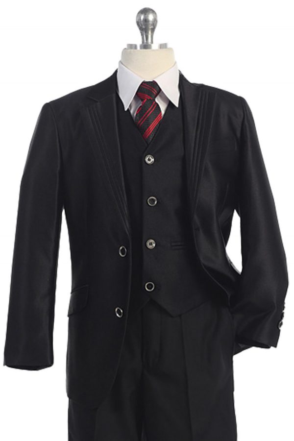 Black suit for boys with lapel stitch trim