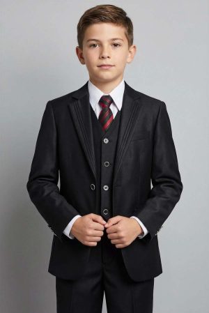 Y120-08224 Black suit with lapel stitch details
