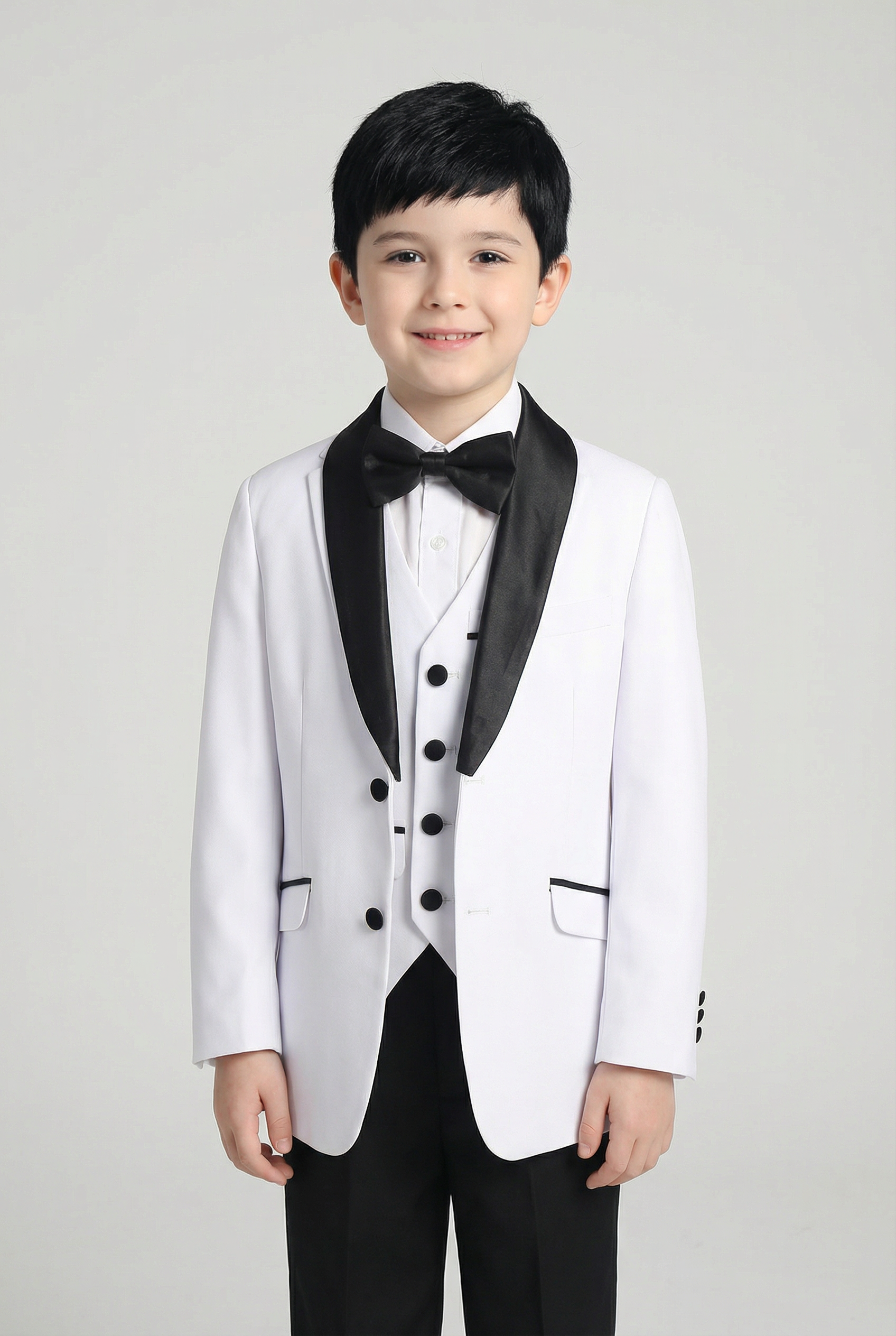 boy's white and black tuxedo suit