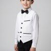 boys white and black suit set, shown in white and black vest, white shirt, and black pants