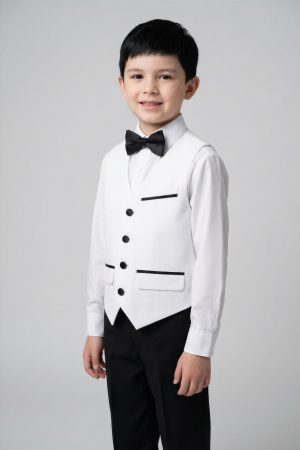 boys white and black suit set, shown in white and black vest, white shirt, and black pants