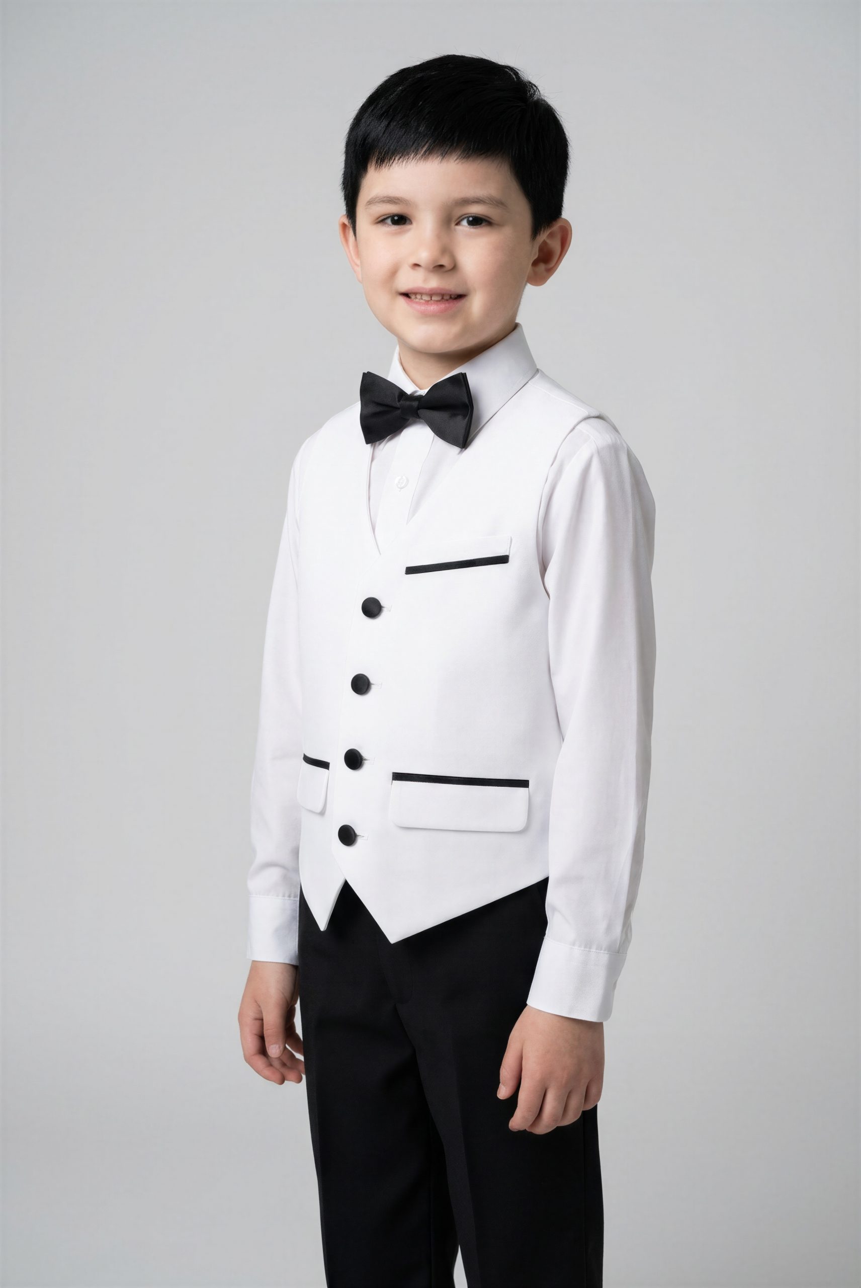 boys white and black suit set, shown in white and black vest, white shirt, and black pants