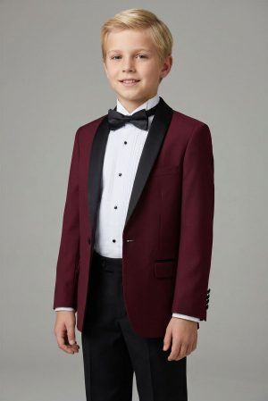 Alternative view of Y403-BU Burgundy tuxedo with black satin lapel