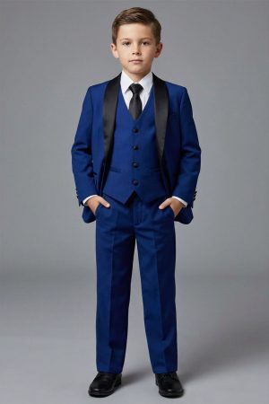 Royal blue, indigo tuxedo for boys with a satin black lapel