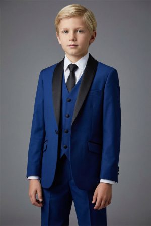 Royal blue, indigo tuxedo for boys with a satin black lapel