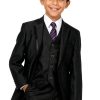 a boy wearing a black suit with a semi-shiny black fabric with a trim around the lapel