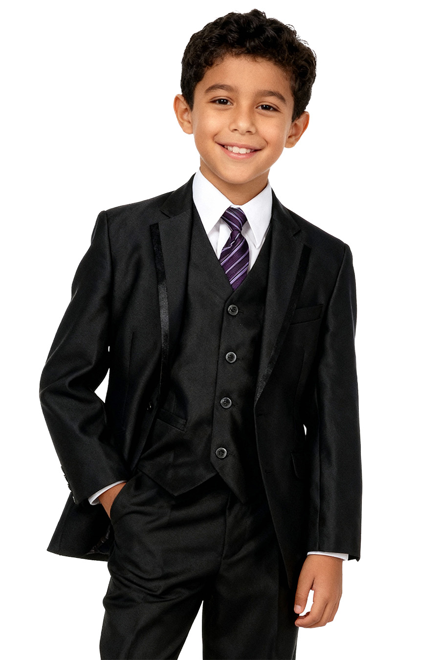 a boy wearing a black suit with a semi-shiny black fabric with a trim around the lapel