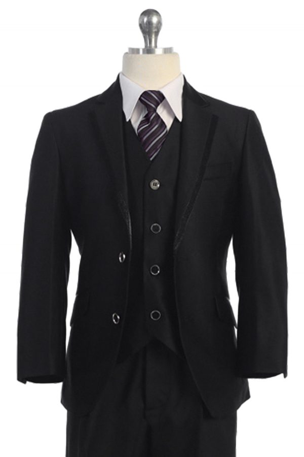 black suit for boys with black shiny trim