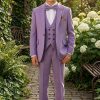 Boy wearing a lavender suit with vest and bow tie featuring decorative lapel chain