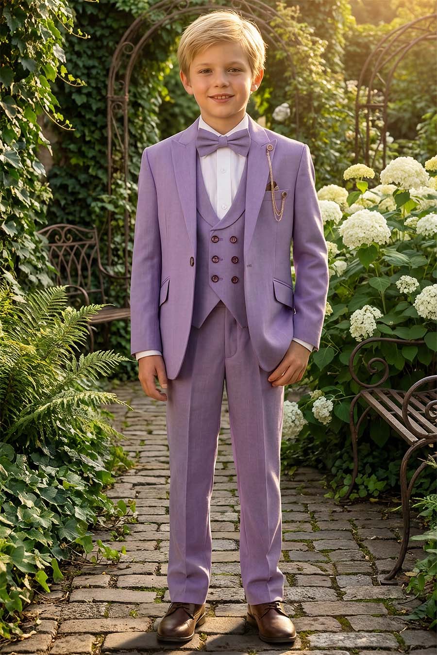 Boy wearing a lavender suit with vest and bow tie featuring decorative lapel chain