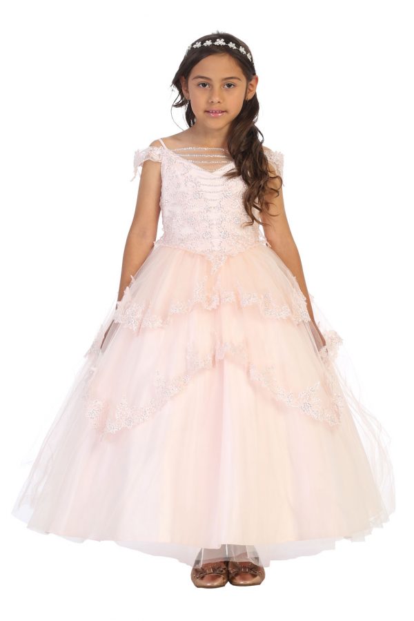 Multi layered ballgown with silver sequins in Blush, light pink