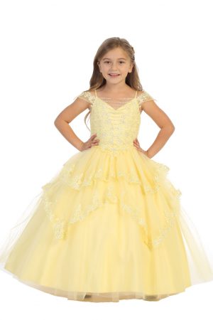 Multi layered ballgown with silver sequins in yellow light yellow