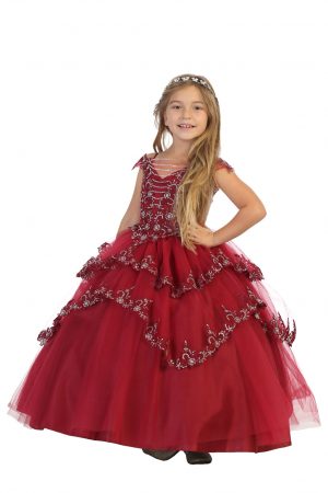 Multi layered ballgown with silver sequins in Burgundy color