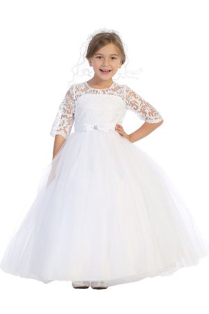 Wholesale white communion dress with lace sleeves