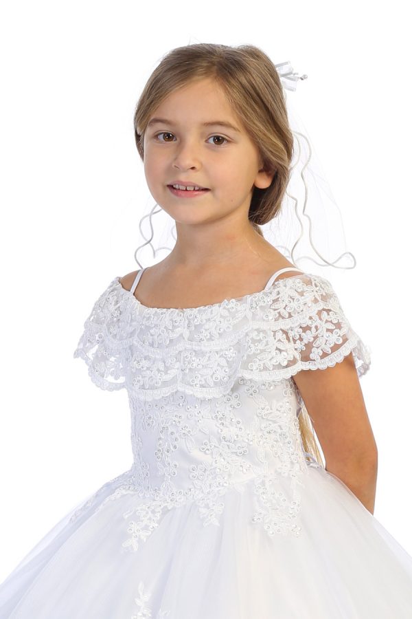 White communion dress for girls with cascading drop shoulder