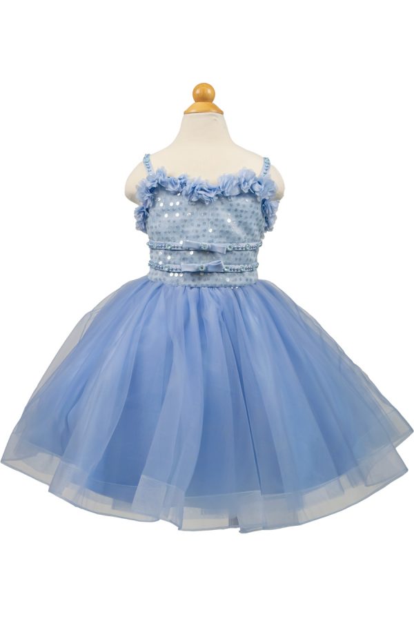 short flower girl dress with sequins top and corset back in dusty blue