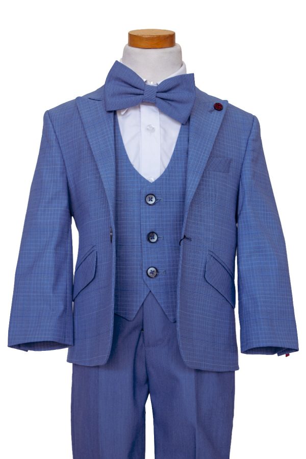 boy's blue plaid suit with blue bow tie and plain blue pants