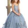 dusty blue ballgown for girls with train