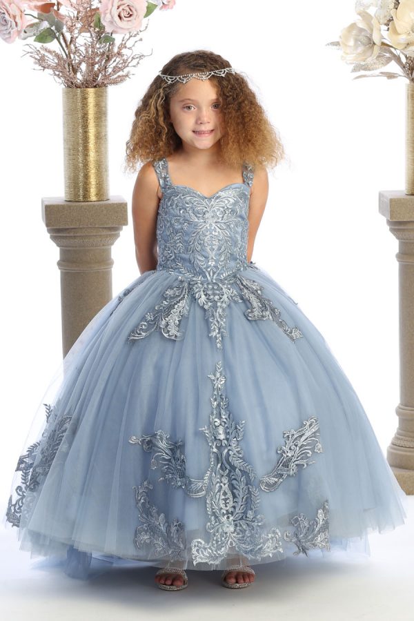 dusty blue ballgown for girls with train