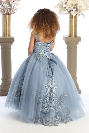dusty blue ballgown for girls with train and corset back