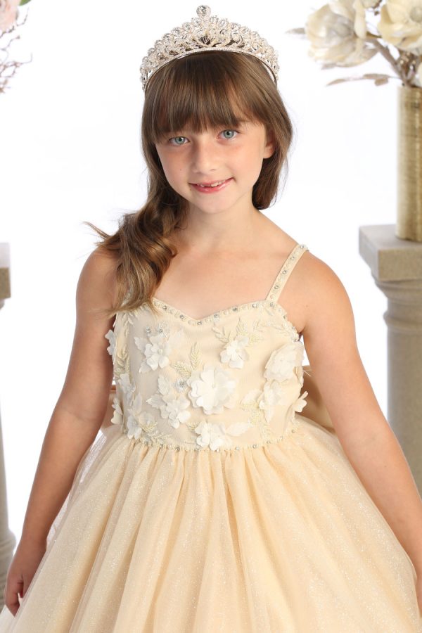 Strapped dress with flower bodice and glitter skirt. Embellished with beads, pearls, and rhinestones