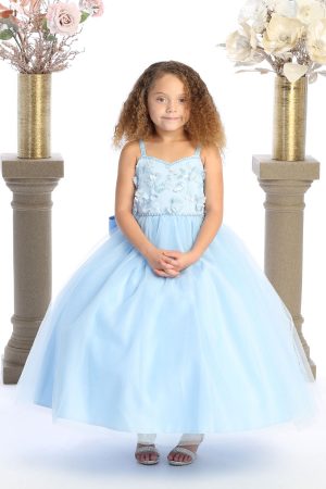 baby blue strapped dress with flowered bodice and glitter bottom