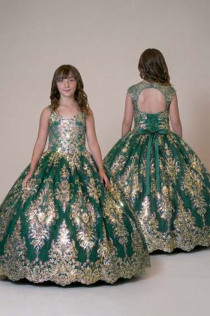 a girl wearing an emerald green dress covered in embellished sequins. Image shows both sides of the dress