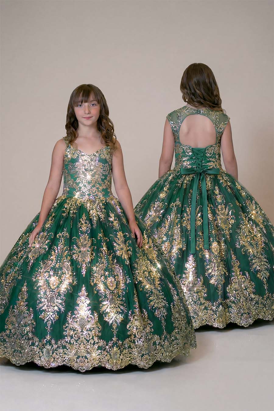 a girl wearing an emerald green dress covered in embellished sequins. Image shows both sides of the dress