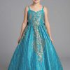 A shoulder strapped turquoise glitter dress for girls with gold glitter and sequin.