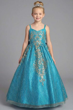 A shoulder strapped turquoise glitter dress for girls with gold glitter and sequin.