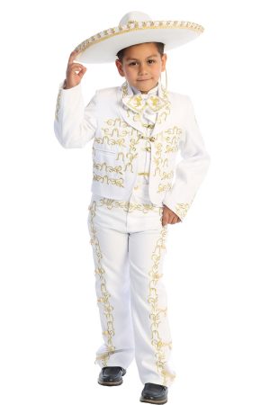 traditional mexican suit for boys in white with gold embroidery