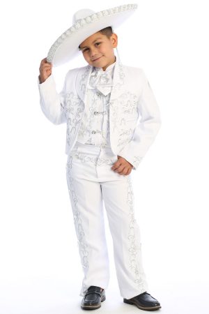 traditional boys charro outfit in white with silver embroidery