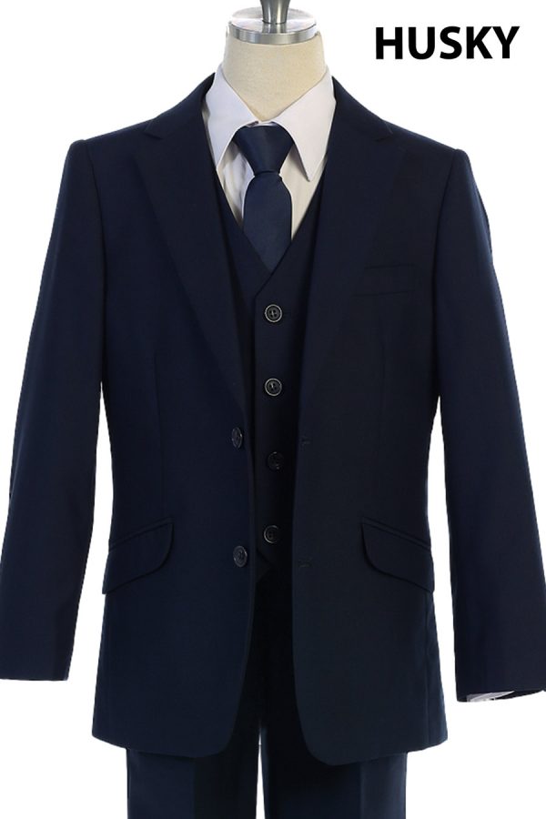 boy's five piece navy blue suit set in husky cut