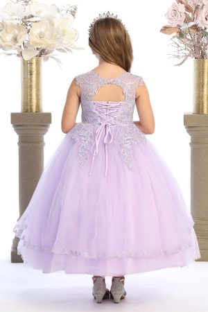 Lavender dress with silver embroidered details and corset back