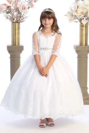 Short Train Lace Lace Sleeve Communion Dress With Ruffle Trim Corset Back  Classic White Gown For Communion, Baptism, Junior Bridesmaid Party, And  Baby Girls Cap Sleeves Included 2023 From Uniquebridalboutique, $85.43 |  DHgate.Com