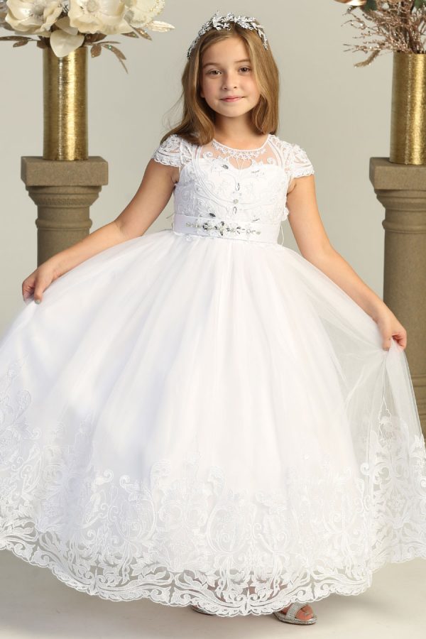 white communion dress with cap sleeves
