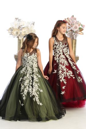 sage green and burgundy dresses with light champagne leaves